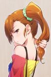  1girl bangs blush breasts brown_eyes brown_hair futami_mami hair_ornament hair_scrunchie holding holding_hair idolmaster idolmaster_million_live! long_hair looking_at_viewer looking_back neck outline ponytail scrunchie side_ponytail simple_background solo sweat tomamatto upper_body 