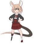  1girl amputee animal_ears bokoboko_(pandagapanda1) brown_eyes brown_hair gambian_rat_(kemono_friends) hands_on_hips highres jacket kemono_friends kemono_friends_3 mary_janes mechanical_legs missing_limb mouse_ears mouse_girl mouse_tail official_alternate_costume plaid plaid_skirt prosthesis prosthetic_leg red_ribbon ribbon shoes short_socks single_mechanical_leg skirt smile socks solo standing tail white_fur white_socks 