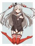  1girl amatsukaze_(kancolle) bangs brown_dress character_name closed_mouth dated dress full_body garter_straps grey_hair grey_neckerchief hair_tubes highres kantai_collection long_hair long_sleeves looking_at_viewer neckerchief orange_eyes red_thighhighs sailor_collar sailor_dress short_dress simple_background sketch solo striped striped_thighhighs thighhighs twitter_username two_side_up umibudou white_sailor_collar 