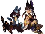  1boy animal_hat bangs black_choker black_headwear choker closed_eyes crossover cyno_(genshin_impact) dodo_t egyptian_clothes fang full_body genshin_impact hair_between_eyes hair_over_one_eye hat highres long_hair lucario male_focus open_mouth pokemon pokemon_(creature) simple_background sitting sleepy stretching twitter_username umbreon white_background white_hair 