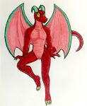 animal_humanoid anthro claws dragon dragon_humanoid featureless_crotch green_claws green_eyes green_horn hi_res horn humanoid lemonsandpickles male membrane_(anatomy) membranous_wings nude pink_body red_body scalie scalie_humanoid solo strawberry_dragon wings yellow_sclera 