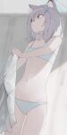  1girl animal_ear_fluff animal_ears blue_archive blue_bra blue_panties bra breasts commentary_request grey_hair highres hiroki_(yyqw7151) holding holding_clothes holding_shirt looking_away looking_to_the_side panties shiroko_(blue_archive) shirt short_hair small_breasts solo underwear underwear_only white_shirt 