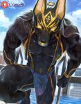  anthro anubian_jackal anubis black_body black_fur bulge canid canine canis clothing deity egyptian_mythology fur genital_outline hi_res jackal looking_at_viewer male mammal middle_eastern_mythology muscular muscular_anthro muscular_male mythology penis_outline solo striped_body striped_fur stripes swimming_pool swimming_trunks swimwear t.y.stars wet wet_body wet_fur yellow_body yellow_eyes yellow_fur 