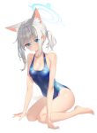  1girl absurdres animal_ears bangs barefoot blue_archive blue_eyes breasts cleavage collarbone commentary_request competition_swimsuit grey_hair hair_between_eyes halo highres long_hair looking_at_viewer low_ponytail mismatched_pupils official_alternate_costume oiru_(fattyoils) one-piece_swimsuit school_swimsuit shiroko_(blue_archive) sidelocks simple_background sitting sleeveless solo swimsuit toes wariza white_background wolf_ears wolf_girl 