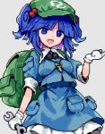  1girl :d backpack bag blue_eyes blue_hair blue_shirt blue_skirt flat_cap gloves green_bag green_headwear hair_bobbles hair_ornament hat holding holding_wrench kawashiro_nitori key looking_at_viewer open_mouth pixel_art pocket risui_(suzu_rks) shirt short_hair short_sleeves simple_background skirt smile solo touhou two_side_up white_background white_gloves wrench 