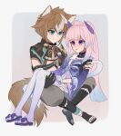  1boy 1girl animal_ears armor bad_id bad_twitter_id bangs black_choker blue_hair blush bow brown_hair choker closed_mouth commentary cradling crop_top detached_sleeves dog_boy dog_ears dog_tail english_commentary full_body genshin_impact gloves gorou_(genshin_impact) gradient_hair green_eyes green_jacket hair_between_eyes hair_ornament hetero highres inactive_account jacket japanese_armor long_hair long_sleeves low_twintails multicolored_hair open_mouth para_(paramanix) paw_print pink_hair purple_bow purple_eyes sangonomiya_kokomi short_hair sidelocks smile tail tassel thighhighs twintails twitter_username two-tone_hair white_gloves white_hair white_thighhighs wide_sleeves 