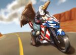  2022 accipitrid accipitriform anthro avian bald_eagle beak big_breasts bird blue_eyes boots breasts brown_body brown_feathers cleavage clothed clothing eagle feathered_wings feathers female footwear glistening gloves handwear hi_res jacket knee_pads motorcycle outside road sea_eagle solo stars_and_stripes topwear toughset united_states_of_america vehicle white_body white_feathers wings yellow_beak 