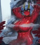  1girl abs bathing blue_hair breasts colored_skin completely_nude convenient_censoring ezzyecchi horns large_breasts muscular muscular_female navel nude oni oni_horns original red_oni red_skin short_hair solo steam steam_censor water waterfall wet yellow_eyes 