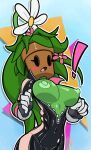  blaster_master blush breasts clothing elemental_creature elemental_humanoid exclamation_point female flora_fauna flower gloves green_body handwear humanoid kanna_(blaster_master) n3f4str10 nipples open_mouth plant plant_humanoid plant_pot solo surprise unzipped video_games 