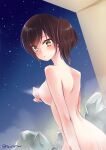  1girl absurdres ass breasts brown_eyes brown_hair completely_nude covering covering_breasts from_side highres kaga_(kancolle) kantai_collection large_breasts light_censor long_hair looking_at_viewer momokaze_kuri night night_sky nude onsen paid_reward_available side_ponytail sky solo star_(sky) twitter_username 