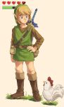  1boy bird blue_eyes boots chicken gameplay_mechanics grass green_headwear green_tunic hand_on_hip hat highres knee_boots light_brown_hair link male_focus master_sword pointy_ears pouch shield snoozincopter solo sword sword_on_back the_legend_of_zelda the_legend_of_zelda:_a_link_to_the_past tunic twitter_username weapon weapon_on_back 