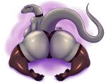  absurd_res anthro asian_water_monitor bedroom_eyes betty_the_monitor big_breasts big_butt black_betty_(meme) blue_eyes breasts butt camel_toe choker clothing female grey_body hi_res huge_butt jewelry kneeling legwear lizard looking_back monitor_lizard narrowed_eyes necklace non-mammal_breasts reptile scalie seductive side_boob smile solo thick_thighs thigh_highs thong tibbs underwear yellow_sclera 