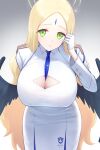  1girl absurdres ayumu_(blue_archive) between_breasts black_wings blonde_hair blue_archive blue_necktie breasts cleavage cleavage_cutout clothing_cutout dress feathered_wings forehead forehead_jewel gloves gradient gradient_background green_eyes halo highres large_breasts long_hair looking_at_viewer necktie necktie_between_breasts onuj2$ parted_lips simple_background solo white_dress white_gloves wings 