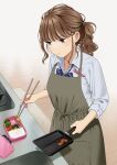  1girl apron bento broccoli brown_hair chopsticks cooking food indoors mattaku_mousuke nail_polish omelet original ponytail rice sausage school_uniform solo tamagoyaki tamagoyaki_pan watermark 