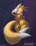  1boy :3 animal_ears animal_nose arm_behind_head arm_up artist_name ass back bangs blonde_hair blue_eyes blurry blurry_background body_fur bow butt_crack closed_mouth commentary cowboy_shot deviantart_username english_commentary fox_boy fox_ears fox_tail from_behind furaffinity_username furry furry_male gloves green_bow green_panties half-closed_eyes hand_on_own_head happy hentai-foundry_username looking_at_viewer looking_back male_focus multiple_tails newgrounds_username panties panty_pull pixiv_id purple_background short_hair sideways_mouth smile solo sonic_(series) standing tail tails_(sonic) thick_thighs thighs topless_male totesfleisch8 two-tone_fur two_tails underwear watermark web_address white_fur white_gloves wide_hips yellow_fur 