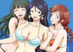  3girls anbj arm_hug bangs bikini black_hair blue_eyes braid breasts brown_hair cleavage closed_eyes collarbone earrings fujii_tomo green_eyes green_hair idolmaster idolmaster_cinderella_girls imura_setsuna jewelry large_breasts multiple_girls open_mouth orange_bikini parted_lips pink_lips smile sugisaka_umi swimsuit twin_braids wavy_hair white_bikini 