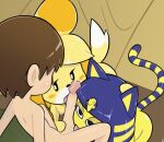  animal_crossing ankha_(animal_crossing) anthro ball_lick balls black_nose blue_hair bodily_fluids brown_hair canid canine canis domestic_cat domestic_dog felid feline felis female fur genital_fluids genitals group hair human isabelle_(animal_crossing) licking looking_at_another male male/female mammal markings n3f4str10 nintendo nude oral penile penis penis_lick precum sex striped_markings striped_tail stripes tail_markings tongue tongue_out trio video_games villager_(animal_crossing) yellow_body yellow_fur 