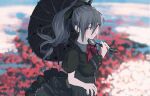  1girl black_ribbon bow dress frilled_dress frills gothic_lolita grey_hair hair_between_eyes hair_bow hair_ornament hair_ribbon hair_strand holding holding_umbrella idolmaster idolmaster_cinderella_girls kanzaki_ranko light_smile lolita_fashion long_hair looking_at_viewer neckerchief pale_skin parasol puffy_short_sleeves puffy_sleeves red_eyes red_neckerchief red_ribbon ribbon sawarakajin short_sleeves sidelocks solo twintails umbrella 