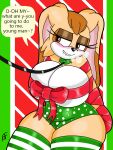  3:4 anthro arms_tied big_breasts bite biting_lip blush bomba_world12 bound breasts christmas christmas_clothing clothing female footwear hi_res holidays lagomorph leash_and_collar legwear leporid mammal mature_female rabbit sega slightly_chubby socks solo sonic_the_hedgehog_(series) tan_body thick_thighs thigh_highs thigh_socks vanilla_the_rabbit wrapped_up wrappings 