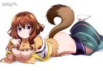  1girl absurdres ass breasts brown_hair clothes_pull fumiruiru_(utawarerumono:_futari_no_hakuoro) highres large_breasts looking_at_viewer lying magazine_scan megami_magazine no_bra no_panties official_art on_stomach pants pants_pull scan simple_background smile tail utawarerumono white_background 