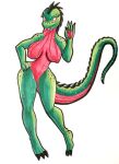  animal_humanoid anthro black_spikes black_spots breasts claws dragon dragon_humanoid fangs female forked_tongue green_body green_skin hi_res humanoid lemonsandpickles nipple_outline nipples non-mammal_breasts non-mammal_nipples nude pink_body red_eyes scalie small_waist solo spots toe_claws tongue tongue_out wasp_waist watermelon_dragon wide_hips 