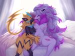 anthro arha bed belly_tuft black_body black_fur blue_nipples bodily_fluids breasts canid claws duo felid female female/female fur furniture generation_7_pokemon genital_fluids genitals hair hi_res hisuian_form hisuian_zoroark intimate legendary_pokemon looking_at_viewer mammal narrowed_eyes neck_tuft nintendo nipples nude on_bed pink_hair pokemon pokemon_(species) pussy pussy_juice regional_form_(pokemon) saliva saliva_string siriussly sitting size_difference smile spread_pussy spreading tuft video_games white_body white_fur white_hair yellow_body yellow_fur zeraora 