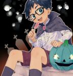  18arumik_4 1boy :d black-framed_eyewear black_background black_cloak black_hair black_socks blue_eyes brown_shorts candy cloak collared_cloak dress_shirt food glasses halloween halloween_costume holding holding_candy holding_food jack-o&#039;-lantern knees lollipop male_child open_mouth original pumpkin shirt short_hair shorts sitting smile socks solo teeth tombstone 