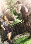  2boys belt black_footwear black_pants black_shorts black_vest blonde_hair day dutch_angle highres hugo_hans male_child male_focus multiple_boys neckerchief outdoors panmijin99 pants pixiv_fantasia pixiv_fantasia_scepter_of_zeraldia shirt short_sleeves shorts stairs standing tree vest white_shirt yellow_neckerchief 