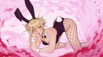  1girl absurdres all_fours animal_ears bags_under_eyes bangs bare_shoulders black_leotard blonde_hair blunt_bangs blush boku_no_hero_academia bow bowtie breasts cleavage detached_collar double_bun eyeliner fake_animal_ears fake_tail fishnet_pantyhose fishnet_thighhighs fishnets hair_bun highleg highleg_leotard highres leotard looking_at_viewer makeup messy_hair pantyhose pink_background playboy_bunny rabbit_ears rabbit_tail ricusann sidelocks slit_pupils smile smoke solo tail thighhighs toga_himiko wrist_cuffs yellow_eyes 