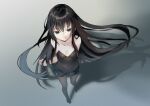  1girl black_hair breasts cleavage full_body grey_background long_hair looking_at_viewer original simple_background solo standing une_back very_long_hair 