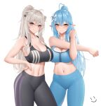  2girls animal_ears bangs bare_arms bare_shoulders black_pants black_sports_bra blue_eyes blue_pants blue_sports_bra blush breasts cleavage closed_mouth cowboy_shot crossed_bangs grey_eyes grey_hair hair_ornament hand_on_hip hololive large_breasts long_hair looking_at_viewer multiple_girls navel pants parted_lips pointy_ears ponytail shishiro_botan simple_background smile sports_bra thighs wei_xiao white_background yellow_eyes yoga_pants yukihana_lamy 