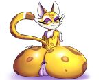  absurd_res anthro anus big_butt butt clawroline dipstick_tail felid female genitals hi_res huge_butt kirby_(series) leopard looking_back mammal markings nintendo nude pantherine purple_eyes pussy sitting smile solo spots spotted_body tail_markings thick_thighs tibbs video_games wide_hips yellow_body yellow_sclera 