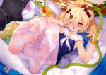  1girl ;d animal_ears arknights bangs bear_ears black_gloves blonde_hair blue_one-piece_swimsuit blush bottle bracelet candy_hair_ornament food-themed_hair_ornament gloves gummy_(arknights) hair_ornament heart heart-shaped_pupils highres holding holding_bottle holding_hose hose jewelry legs_up lying no_shoes on_back one_eye_closed orange_eyes pantyhose pouring_onto_another pov pov_hands sailor_collar smile swimsuit symbol-shaped_pupils tsubasa_tsubasa twintails wading_pool water wet wet_clothes wet_pantyhose white_pantyhose white_sailor_collar 