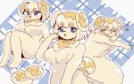  2022 3_fingers 3_toes anthro barefoot big_breasts blonde_hair blue_background blue_eyes blush blush_lines bob_cut bread breasts butter canid canine canis cheek_tuft closed_smile cute_fangs dairy_products dewlap_(anatomy) digital_media_(artwork) domestic_dog elbow_tuft eye_through_hair eyebrow_through_hair eyebrows eyes_closed facial_tuft feet female fidough fingers food food_creature front_view fur generation_9_pokemon glistening glistening_eyes hair hair_bun head_markings hi_res knee_tuft leg_tuft light_body light_fur light_hair looking_at_viewer looking_away mammal markings multiple_angles multiple_poses nintendo nude nude_female open_mouth open_smile pattern_background plaid plaid_background pokemon pokemon_(species) pose simple_background sitting sleeping slightly_chubby smile snout sound_effects standing suda toes translucent translucent_hair tuft video_games vowelless vowelless_sound_effect yellow_body yellow_fur yellow_tail zzz 