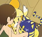  animal_crossing ankha_(animal_crossing) anthro ball_lick balls black_nose blue_hair bodily_fluids brown_hair canid canine canis cum cum_in_hair cum_on_face domestic_cat domestic_dog felid feline felis female fur genital_fluids genitals group hair human isabelle_(animal_crossing) licking looking_at_another male male/female mammal markings n3f4str10 nintendo nude oral penile penis penis_lick sex striped_markings striped_tail stripes tail_markings tongue tongue_out trio video_games villager_(animal_crossing) yellow_body yellow_fur 
