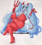  big_breasts blue_body blue_hair boots breasts choker cleavage clothed clothing costume curvy_figure devil_costume female footwear goo_creature goo_hair goo_humanoid hair hi_res high_heels horn huge_breasts humanoid jewelry legwear lemonsandpickles necklace pitchfork pseudo_hair red_clothing slime solo spade_tail thick_thighs thigh_boots thigh_highs tools voluptuous wide_hips 