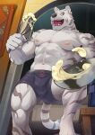  anthro blue_eyes bulge fangs felid fouet fur holding_fouet holding_whisk kitchen_utensils male mammal mercenary_(grimoire_of_zero) mumu202 muscular muscular_anthro muscular_male navel nipples open_mouth open_smile pantherine pecs smile solo striped_body striped_fur stripes tiger tools whisk white_body white_fur 