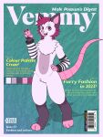  2022 absurd_res anthro arm_warmers armwear chest_tuft clothed clothing cover cute_fangs didelphid digital_media_(artwork) english_text fluffy full-length_portrait fur gesture hair happy hi_res long_tail looking_at_viewer magazine_cover male male_anthro mammal marsupial model_sheet multicolored_body multicolored_ears multicolored_fur neck_tuft organs partially_clothed pawpads pink_eyes pink_nose portrait simple_background smile solo standing stomach text tuft v_sign vemmy virginia_opossum yoink5558 