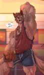  anthro armpit_hair ball bamiroon basketball_(ball) big_muscles bodily_fluids body_hair bottomwear chest_tuft claws clothing dialogue fangs hyaenid male mammal muscular muscular_anthro muscular_male nipples one_eye_closed open_mouth pecs shirt shorts smile solo spotted_hyena sweat sweatdrop tank_top topwear tuft 