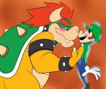  blush bowser clothing duo edtertainerd eye_contact facial_hair hair hat headgear headwear hi_res horn human intimate koopa looking_at_another luigi male male/male mammal mario_bros mustache nintendo overalls red_hair scalie shell size_difference spikes video_games 