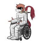  anthro cast dinosaur dromaeosaurid english_text eyewear fingerguns gesture glasses goodbye_volcano_high hair humor male neck_brace pink_hair pointing reed_(gvh) reptile scalie seven_(artist) simple_background sitting snoot_game_(fan_game) solo sunglasses text theropod velociraptor video_games wheelchair white_background wounded 