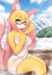  2022 anthro blonde_hair blue_eyes blush breasts canid canine cloud countershading cute_fangs day digital_media_(artwork) dipstick_tail eyewear female female_anthro fox fur glasses hair happy hi_res horokusa0519 hot_spring inner_ear_fluff kemono long_hair mammal markings multicolored_body multicolored_fur multicolored_hair multicolored_tail outside partially_submerged pink_body pink_fur pink_hair sitting sky smile solo tail_markings towel towel_only tuft two_tone_tail water white_body white_fur yellow_body yellow_fur 