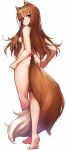  1girl absurdres animal_ear_fluff animal_ears ass bangs barefoot between_legs blunt_bangs breasts brown_hair closed_mouth completely_nude from_behind full_body highres holo long_hair looking_at_viewer looking_back marutenmaruten medium_breasts nude red_eyes simple_background smile solo spice_and_wolf standing tachi-e tail tail_between_legs tail_censor thighs tiptoes white_background wolf_ears wolf_girl wolf_tail 