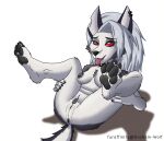  4_toes absurd_res anthro anus black_anus black_nails black_nipples black_pawpads black_pussy breasts canid canid_demon chest_tuft claws colored_nails demon ear_piercing ear_ring eye_roll feet female foot_focus fur genitals graham_(artist) grey_body grey_eyes grey_fur hair hellhound helluva_boss hi_res legs_up looking_pleasured loona_(helluva_boss) lying mammal nails nipples on_back open_mouth pawpads piercing pubes pussy red_sclera ring_piercing silver_hair soles solo spread_legs spreading teeth toe_claws toes tongue tongue_out tuft white_body white_fur 
