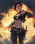  1girl armor artist_name black_hair breasts claparo commission cowboy_shot dungeons_and_dragons english_commentary finger_to_mouth grin leather leather_pants long_sleeves looking_at_viewer medium_breasts navel orange_eyes pants sheath sheathed short_hair smile smoke solo sword weapon 