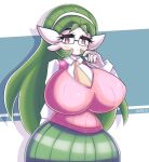  2021 absurd_res accessory big_breasts blush bottomwear breasts clothing eyewear female gardevoir generation_3_pokemon glasses green_hair hair hair_accessory hairband hand_behind_back hi_res huge_breasts humanoid long_hair looking_at_viewer mina_evaline necktie nintendo not_furry pokemon pokemon_(species) signature simple_background skirt solo topwear vest video_games voluptuous_female white_background wide_hips z3r0 