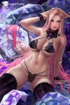  1girl ahri_(league_of_legends) animal_ears arm_support arm_up black_bra black_pantyhose black_thighhighs blonde_hair blue_eyes bra breasts cleavage commentary facial_mark fox_ears front-tie_bra gradient_hair hair_ornament hairclip highres k/da_(league_of_legends) large_breasts league_of_legends lingerie long_hair looking_at_viewer mole mole_on_thigh multicolored_hair pantyhose petals pink_hair prywinko sitting solo spread_legs thighhighs tongue tongue_out underwear underwear_only very_long_hair whisker_markings 