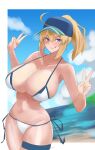  1girl :p absurdres ahoge artoria_pendragon_(fate) aya_roushi bangs bare_shoulders baseball_cap bikini blonde_hair blue_eyes blue_headwear blush breasts cleavage collarbone fate/grand_order fate_(series) hair_between_eyes hair_through_headwear hat highres large_breasts long_hair looking_at_viewer mysterious_heroine_xx_(fate) navel ponytail sidelocks smile solo stomach swimsuit thighs tongue tongue_out white_bikini 