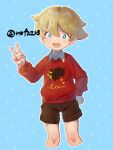  1boy :d bangs blonde_hair blue_background blue_eyes bright_pupils brown_shorts collared_shirt commentary_request hair_between_eyes hand_on_hip hand_up knees long_sleeves looking_at_viewer male_child male_focus open_mouth pokemon pokemon_(game) pokemon_swsh red_sweater shira_sawa_(mofazrs) shirt short_hair shorts smile solo sweater v youngster_(pokemon) 