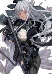  1girl ak-12 ak-12_(girls&#039;_frontline) assault_rifle bangs black_gloves black_pants braid breasts feet_out_of_frame french_braid girls&#039;_frontline gloves grey_hair gun highres holding holding_gun holding_weapon kalashnikov_rifle long_hair long_sleeves looking_at_viewer medium_breasts open_mouth pants parted_lips partially_fingerless_gloves purple_eyes rifle smoke solo standing tactical_clothes twitter_username vermilli000n weapon white_background 